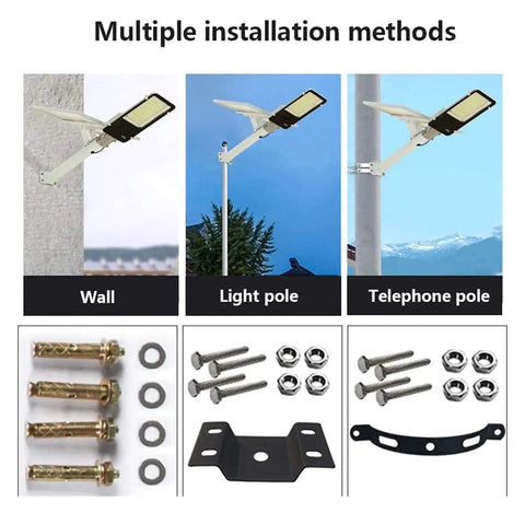 Zero Wire Headaches Solar Outdoor Flood Light With Smart Remote Heavy Duty IP65 Weatherproof Yard Lamp installation options on wall, light pole, telephone pole.