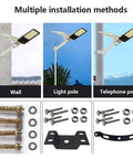 Installation methods for Rock Solid Solar Flood Light, 300W LED Array on wall, light pole, and telephone pole with hardware.