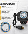 Say Bye To Cold Showers With This Plug And Play Water Circulator Swap Featuring No Sweat Install 115 Volt 1/25 Horsepower Hot Water Recirculating Pump Kit Includes Digital Timer And Six Foot Cord Compatible With Modern Plumbing specifications showing timer, cord, and pump details.