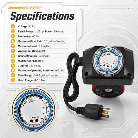 Say Bye To Cold Showers With This Plug And Play Water Circulator Swap Featuring No Sweat Install 115 Volt 1/25 Horsepower Hot Water Recirculating Pump Kit Includes Digital Timer And Six Foot Cord Compatible With Modern Plumbing specifications showing timer, cord, and pump details.