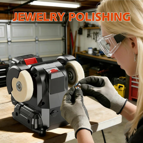 Compact Dual Power Mini Bench Grinder Workhorse For Jewelry Polishing in use for polishing metal in workshop environment.