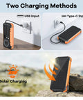 Solar Power Bank 20000mAh With Built In Cables Portable Wireless Charger 15W Fast Charging Dual USB A And PD Type C Qi 5W Wireless 2 LED Flashlights Outdoor Battery Pack For Phones On The Go showing three charging methods: USB, Type-C, Solar.