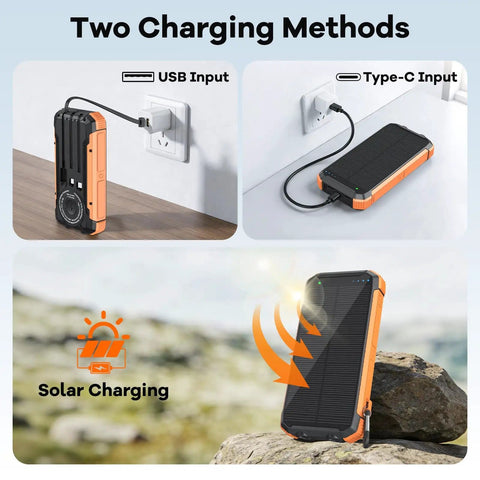 Solar Power Bank 20000mAh With Built In Cables Portable Wireless Charger 15W Fast Charging Dual USB A And PD Type C Qi 5W Wireless 2 LED Flashlights Outdoor Battery Pack For Phones On The Go showing three charging methods: USB, Type-C, Solar.
