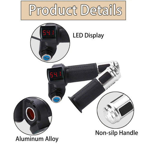 Pair Of Universal Electric Bike Throttle Grips With Key Full Twist Handlebar With LCD Battery Voltage Display 12V To 84V Compatible Throttle For E Bike Scooter Motorcycle, showing LED display and non-slip handle.