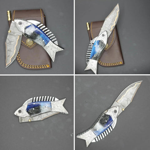 Fish Style Folding Knife with Ladder Pattern Damascus Blade and Blue Resin Handle, Brass Engraved EDC Knife on leather sheath.