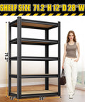 Heavy Duty Garage Shelving Unit With Adjustable Metal Racks, Utility Storage Organizer For Basement Pantry Kitchen And Warehouse, 71.2 Inch High, 28 Inch Wide, 12 Inch Deep, Black, with woman for scale