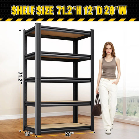 Heavy Duty Garage Shelving Unit With Adjustable Metal Racks, Utility Storage Organizer For Basement Pantry Kitchen And Warehouse, 71.2 Inch High, 28 Inch Wide, 12 Inch Deep, Black, with woman for scale
