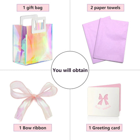Holographic Gift Bags With Handles And Tissue Paper Sheets Included, 1 iridescent bag, 2 tissues, ribbon, card