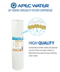 APEC 20-inch KDF85 specialty filter cartridge with labeling and graphic showing filtration process, white cylindrical design.