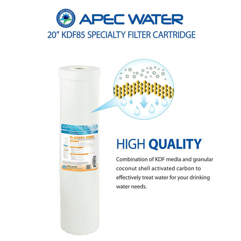 APEC 20-inch KDF85 specialty filter cartridge with labeling and graphic showing filtration process, white cylindrical design.