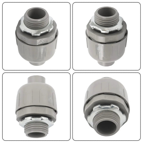 Heavy Duty Liquid Tight Connector 1/2 Inch Straight 180 Degree No Sweat Install Steel Plastic Conduit Fitting Solid Grip 150 Pack close-up view showing details and texture.