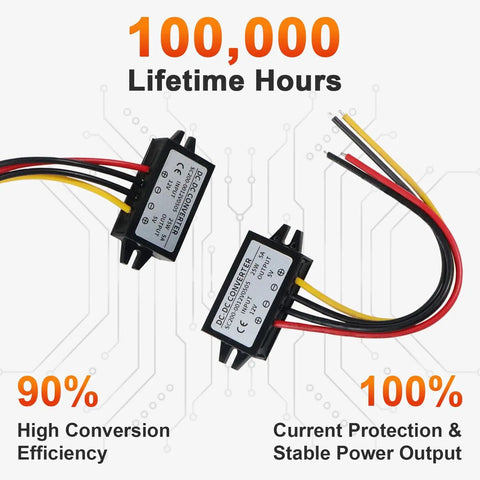 Beefy 12V To 5V Buck Converter Module For Cars And Motorcycles, 25W 5A Step Down Regulator with wiring, 2 Pack Kit Included.
