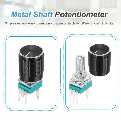 10 Pack RK097N B50K Sealed Rotary Potentiometer with 15mm Knurled Shaft and 15x17mm Black Metal Knob, Vertical Mount