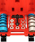 Front view of Weyleity 22-piece crankshaft oil seal remover/installer kit with blue spacers and silver rings in red case.