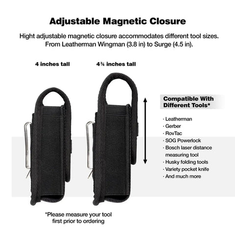 Two black magnetic tool sheaths for Leatherman, showing adjustable closure for Wave Plus, Wingman, Charge, Surge.