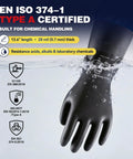Two Pairs Heavy Duty Chemical Resistant Rubber Gloves For Industrial Cleaning And Dishwashing Acid Alkali Safe Hazmat Ready Tough As Nails Grip With Smooth Sliding Action And Odor Free Feel In Black Large shown in water, 12.6" long, 0.7 mm thick.