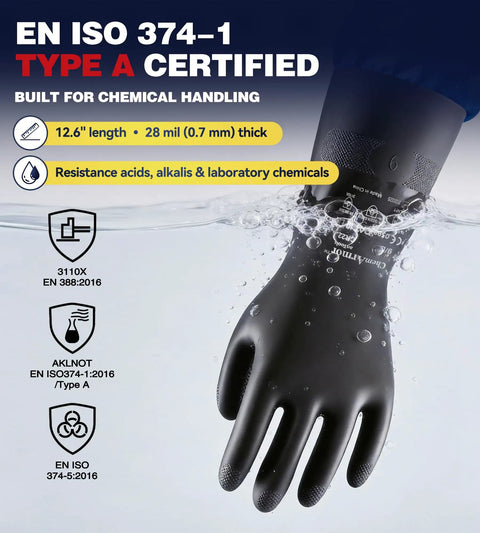 Two Pairs Heavy Duty Chemical Resistant Rubber Gloves For Industrial Cleaning And Dishwashing Acid Alkali Safe Hazmat Ready Tough As Nails Grip With Smooth Sliding Action And Odor Free Feel In Black Large shown in water, 12.6" long, 0.7 mm thick.