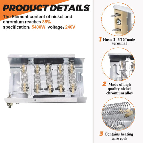 Hot Shot Dryer Heating Element Replacement 279838 showing coil details and nickel chromium composition for Whirlpool Centennial Kenmore