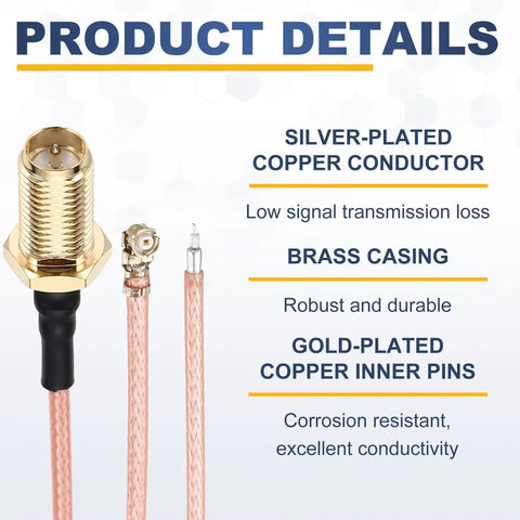 2 Pack RP SMA Female To PCB Solder Wire Pigtail Cable 4 Inch Length 10 cm RG178 Coaxial Cable detailing construction features