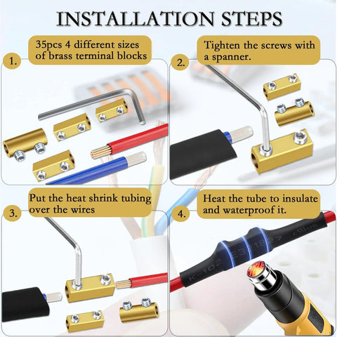 Installation steps for All In One Wire Connector Kit With 4 6 8 10 AWG Quick Wiring Terminals 70 Screws 35 Heat Shrink Tubes