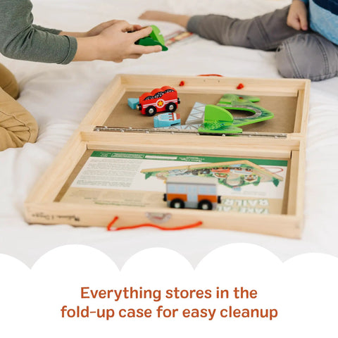 Portable Wooden Railroad Tabletop Playset With Magnetic Train Cars And Animal Scenery For Toddlers And Preschoolers Age Three Plus Legit Awesome Travel Kit stored in fold-up case.