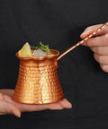 Turkish Coffee Pot 330ml Vintage Copper Coffee Maker with Ergonomic Handle, handheld view with decorative top