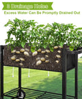 Raised Garden Bed On Legs With Wheels For Outdoor Plants showing potatoes growing with 3 drainage holes.