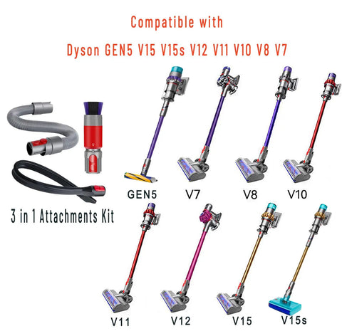 3-In-1 Vacuum Attachment Bundle With 23 Inch Flexible Crevice Tool, 63 Inch Extension Hose And Soft Dusting Brush, Dyson models