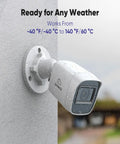 8 Channel 1080P Home Surveillance System With 4 Weatherproof TVI CCTV Cameras mounted on a wall, rain and temperature resistant.