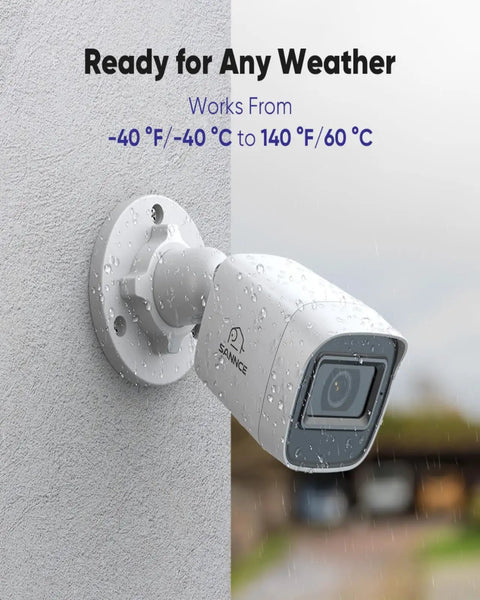 8 Channel 1080P Home Surveillance System With 4 Weatherproof TVI CCTV Cameras mounted on a wall, rain and temperature resistant.