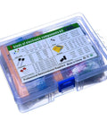 Mega 1500 Piece 7 Value Electronic Component Kit with labeled box containing capacitors, resistors, transistors, and LEDs for DIY projects