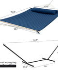 12Ft Double Hammock With Stand For Two People Rope Or Padded Bed Detachable Pillow Portable Anti Tip Ropes Carry Bag Outdoor Backyard Patio Camping In Navy Blue displayed with dimensions and carrying bag