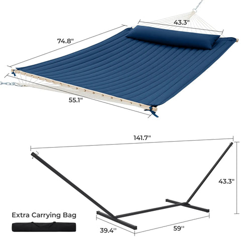 12Ft Double Hammock With Stand For Two People Rope Or Padded Bed Detachable Pillow Portable Anti Tip Ropes Carry Bag Outdoor Backyard Patio Camping In Navy Blue displayed with dimensions and carrying bag