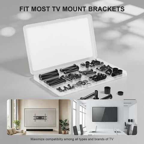 Universal TV Mounting Hardware Kit with 68 Pieces Including M4 M5 M6 M8 Screws for 80 Inch TVs, organized in a case