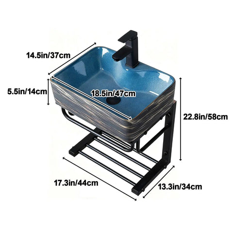Wall-Mounted Ceramic Bathroom Sink - Rectangular U-Shape Vessel Sink with Faucet, Pedestal Metal Legs and Vintage Design, for Home,B&B and Club dimensions with metal rack.