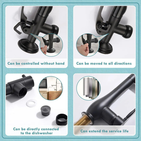 Slick Matte Black Kitchen Faucet With Pull Down Sprayer Dual Nozzles And Single-Handle High-Pressure Spray features and connections