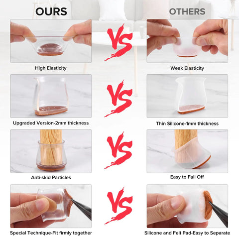 Comparison of Upgraded 2mm Thick Silicone Chair Leg Floor Protectors For Hardwood Floors showing elasticity, thickness, and fit with others