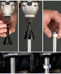 Luckyway deburring external chamfer tool with tungsten carbide blade shown attached to a drill for bolt burr removal
