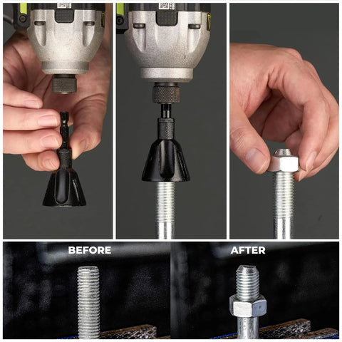 Luckyway deburring external chamfer tool with tungsten carbide blade shown attached to a drill for bolt burr removal