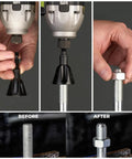 Built Tough Three Sixteenths To One Inch External Chamfer Tool With Rock Solid Tungsten Carbide Blade attached to a drill, deburring a steel bolt.