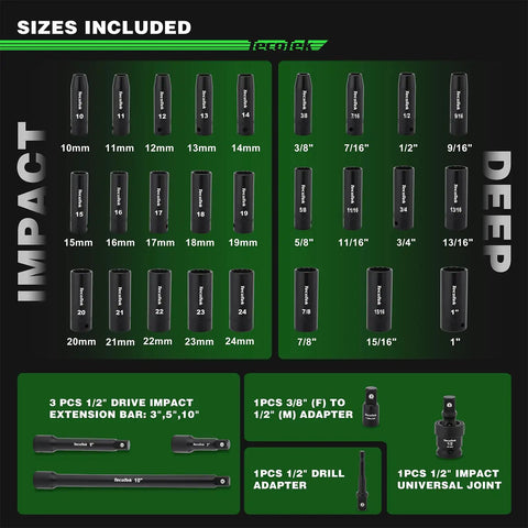 Heavy Duty One Half Inch Drive Deep 12 Point Impact Socket Set, 32 Piece SAE And Metric Kit with socket sizes and adapters shown