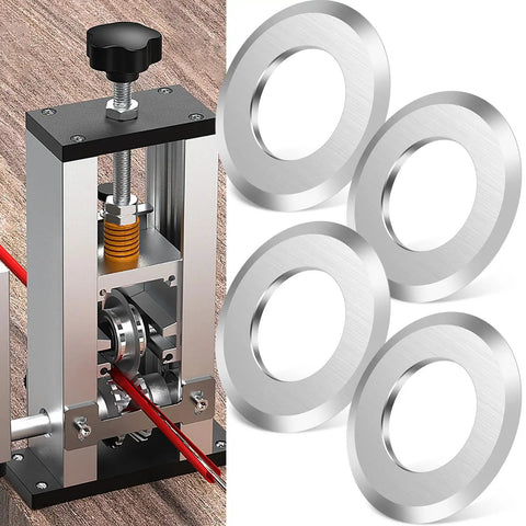 Four Pack Boss Grade High Speed Steel Wire Stripper Replacement Blades For Universal Manual And Electric Cutters shown with stripping machine.