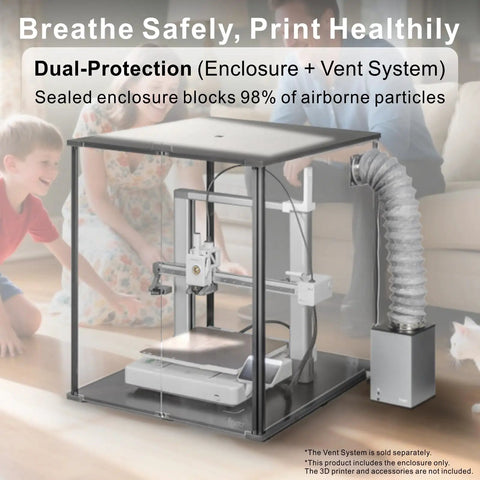 3D Printer Enclosure For Bambu Lab A1 With Fume And Odor Control featuring air purification vent and protective panels, black.