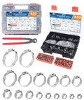 650 Piece Single Ear Hose Clamp Kit With Ear Pincer, 17 Sizes Ranging 5.3mm To 33.1mm, 304 Stainless Steel Crimp Clamps displayed in case