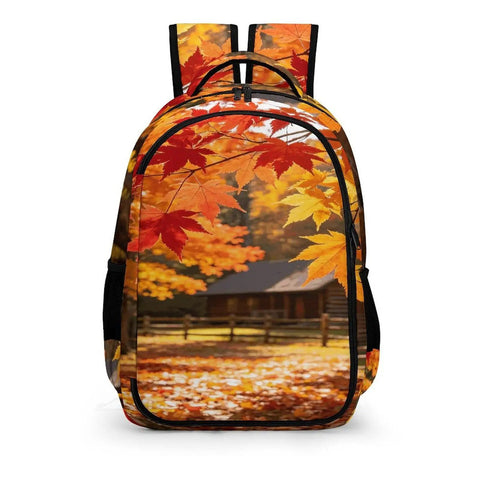 Maple Branch Autumn Cabin Printed Unisex Backpack with large capacity built from durable polyester for everyday school travel hiking