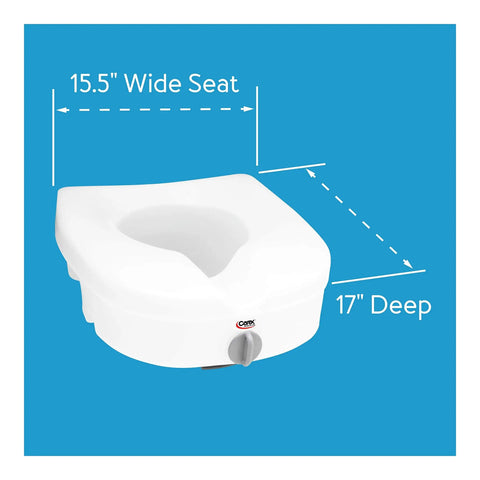 Heavy Duty Raised Toilet Seat With Handrails For Seniors And Handicap Assist Elongated Riser Adds Five Inches shown measuring 15.5 inches wide and 17 inches deep.