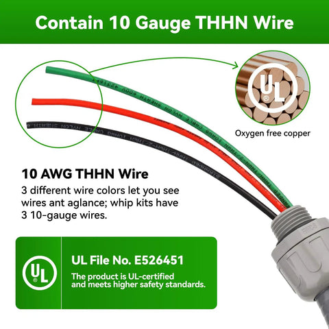 Badass Hella Flexible 1/2 X 6Ft Electrical AC Whip Kit Includes 10 AWG Copper Wire Liquid Tight NonMetallic Conduit with colors