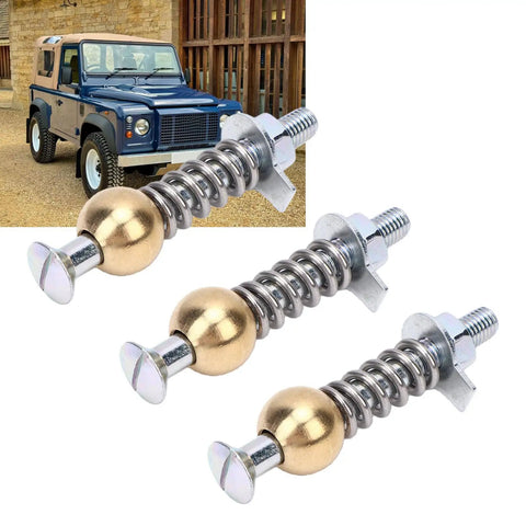 Heavy Duty Steel Rear Door Hinge Repair Pin Kit For Defender 90 110 130 And Series 2 2A Replacement Parts With OEM 330953 330954 330955 330956 330957 Hardware featuring three metal pins and a Defender vehicle