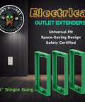 Three Eighths Inch Single Gang Outlet Box Extenders Pack Of Three, UL Listed Pro Grade Electrical Box Extenders For Outlets And Switches, Flush Mount With Wall, Gap Free, Safe Nonflammable Material visible in packaging.
