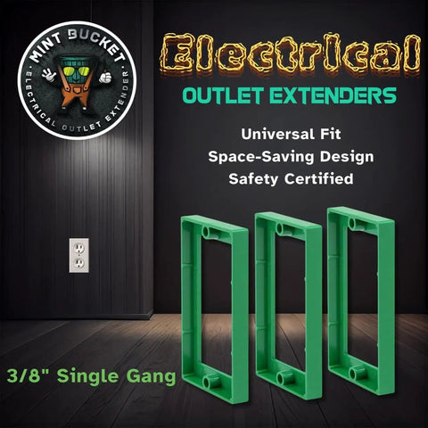 Three Eighths Inch Single Gang Outlet Box Extenders Pack Of Three, UL Listed Pro Grade Electrical Box Extenders For Outlets And Switches, Flush Mount With Wall, Gap Free, Safe Nonflammable Material visible in packaging.